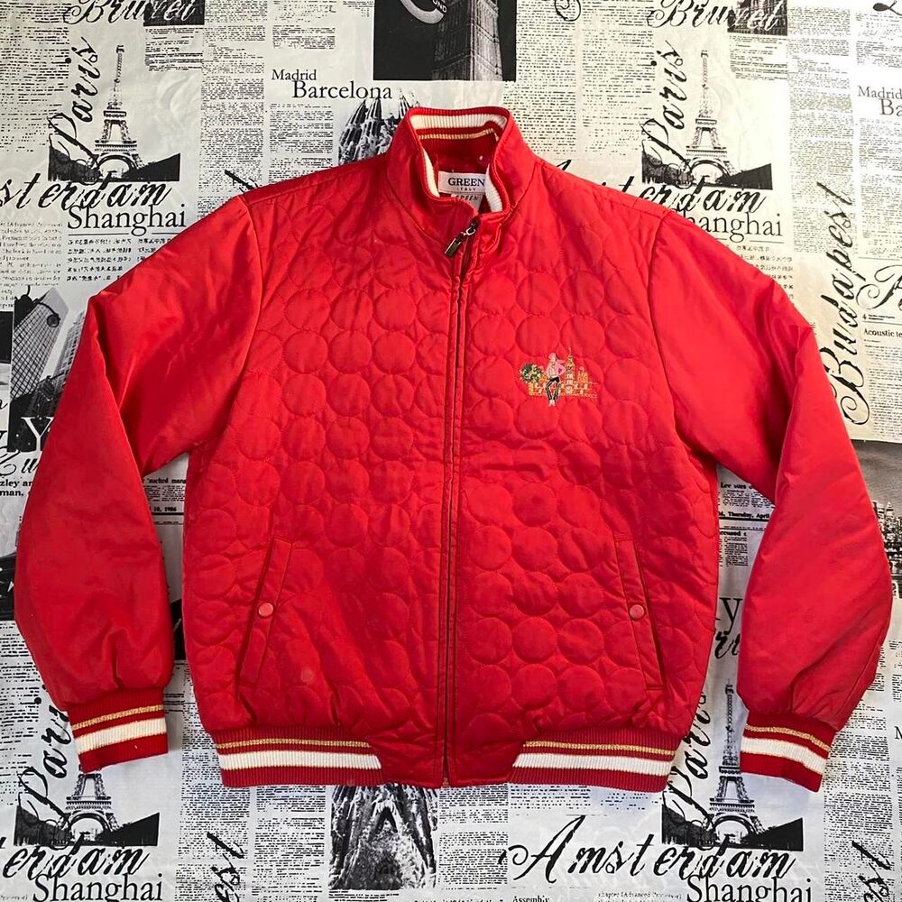 Green Italy Women's Red quilted bomber jacket embroidered y2k vintage casual med - Picture 2 of 4